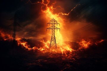 Fiery flame, faded candle, power lines, energy outage, blackout, crisis, electricity price increase. Generative AI - obrazy, fototapety, plakaty
