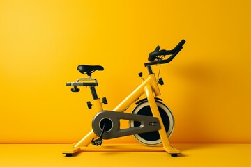 Yellow exercise bike on yellow background for physical exercise at home with copy space. Generative AI