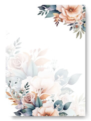 Floral wedding invitation template set with peach watercolor carnation flower and leaves decoration.