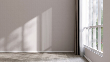 Empty gray wall in empty room in sunlight from white frame window, blackout, sheer curtain on...