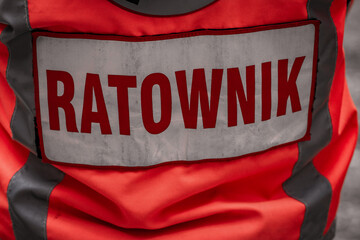 Ratownik inscription on Polish paramedic (Ratownik means paramedic in Polish language). Rescuer.