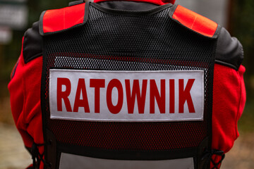Ratownik inscription on Polish paramedic (Ratownik means paramedic in Polish language). Rescuer.