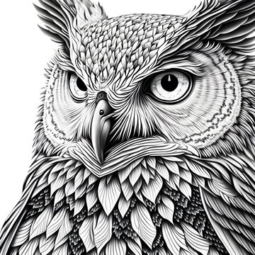 coloring page majestic owl high resolution extreme detail line art gray scale 