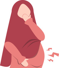 Pregnant hijab woman vector flat illustration. Pregnancy symptom