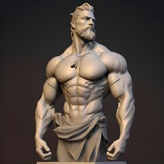 Fototapeta na wymiar muscular man natural person proportion with short beard sculpture of ancient Greece standing Anime style face clean color some fabric Accessories and decorations collar on the neck Rendering and 