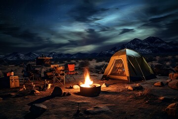 Fototapeta na wymiar Nighttime campsite in the mountains. Generative AI