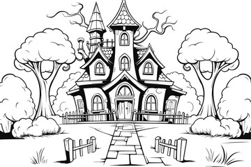 Vector coloring page or book for Halloween with spooky haunted mansion, mystic fairytale house. Cute fantasy hand drawn black and white contour image for kids - obrazy, fototapety, plakaty