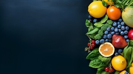 Obraz na płótnie Canvas Photo of a colourful assortment of fruits and vegetables on a vibrant blue background created with Generative AI technology