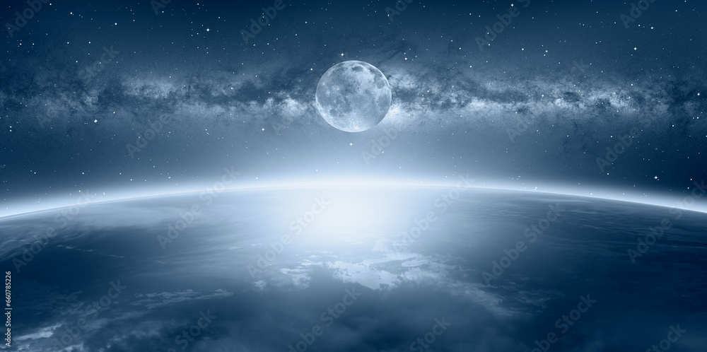 Poster the earth as seen from the surface of the moon milky way galaxy in the background 