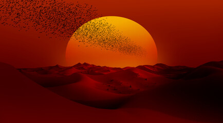 Silhouette of birds flying over Sahara Desert at amazing sunset or sunrise