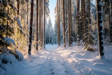 Fotobehang Trail in winter coniferous forest © Aleksandr Bryliaev