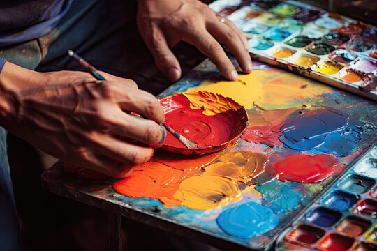 Close-up of painter hands mixing colors