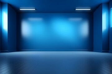 Modern empty room with blue color wall and wooden floor. Generative Ai.