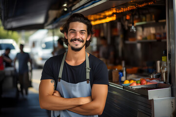 Smilling chef standing in front of a food truck. Generative Ai - obrazy, fototapety, plakaty