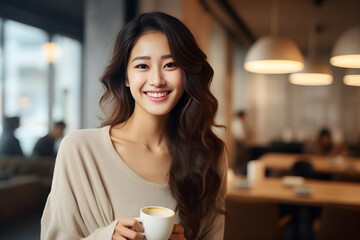 Happy young Asian woman drinking coffee in cafe on weekend. Generative Ai
