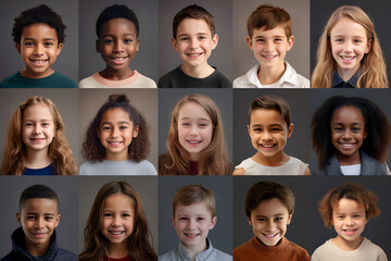 Collage of portraits and faces of smiling multiracial group of various diverse children for profile picture on grey background. Diversity concept. Generative Ai.