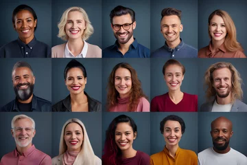 Fotobehang Collage of portraits and faces of smiling multiracial group of various diverse people for profile picture on grey background. Diversity concept. Generative Ai. © Patcharaphon