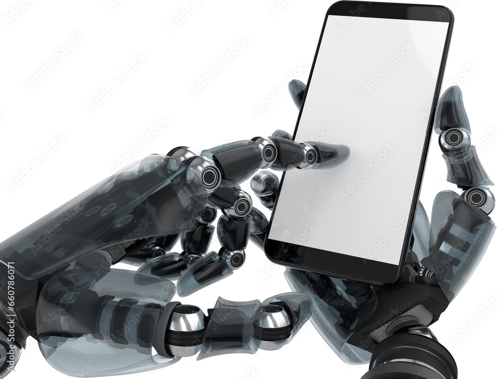 Aufkleber digital png illustration of robot hands using smartphone with copy space on transparent background