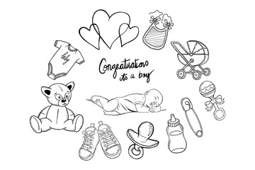 Digital png illustration of conratulations to a boy text and baby's things on transparent backgroud