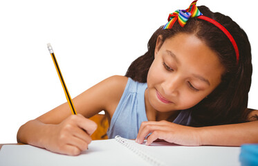 Digital png photo of biracial girl writing in notebook on transparent background