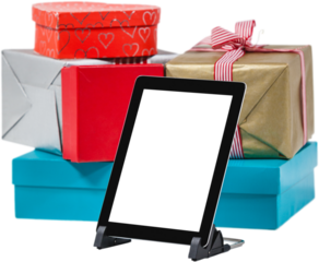 Digital png photo of christmas gifts with tablet with copy space on transparent background