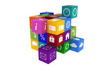 Digital png illustration of pile of blocks with digital icons on transparent background