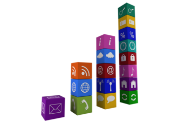 Digital png illustration of block collumns with digital icons on transparent background