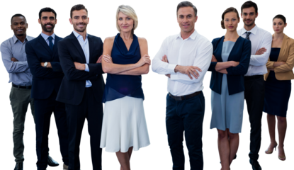 Digital png photo of happy diverse male and female businessmen standing on transparent background