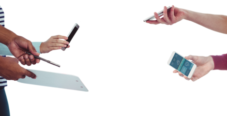 Digital png photo of hands holding smartphones and tablet on transparent background