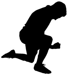 Digital png silhouette of sportsman kneeling and enjoying on transparent background