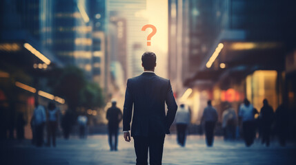 back of businessman walking on urban street with question mark 