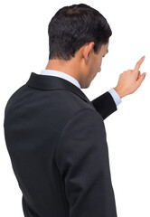 Digital png photo of back view of biracial businessman pointing finger on transparent background