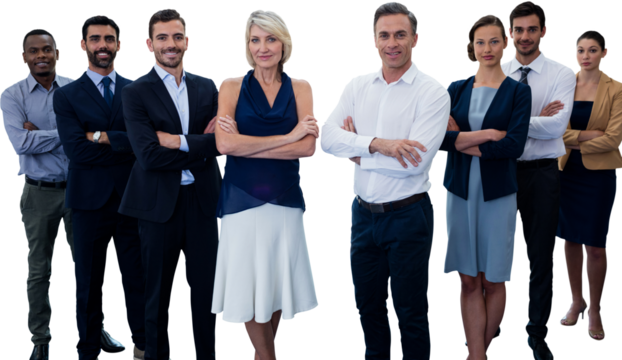 Digital png photo of happy diverse male and female businessmen standing on transparent background