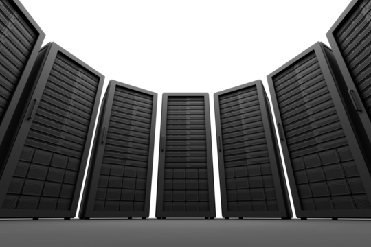 Digital png illustration of row of server racks on transparent background - Powered by Adobe