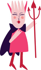 Funny bizarre Demon with a trident. Illustration in a fashionable flat style for Halloween