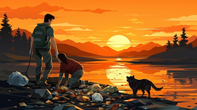 Colorful father and child Clean up a local park, Cartoon Graphic Design, Background HD For Designer