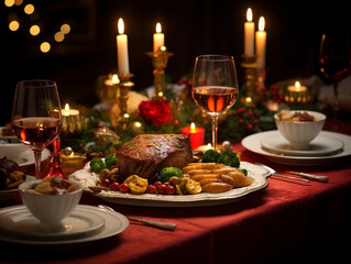 Elegant Christmas dinner table, celebration candle, glasses, plates, Christmas tree	