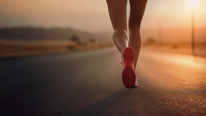 Zelfklevend Fotobehang Back view of Young woman doing exercise walking and run on country road in the morning with sunrise background. Close Up legs. Concept of health and lifestyle. © NaphakStudio
