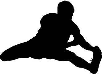 Digital png silhouette of sportsman stretching on transparent background