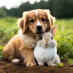 Funny puppy with a rabbit in a garden