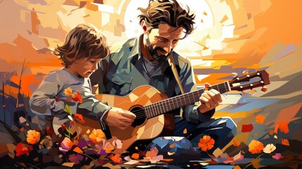 Colorful father and child Make music or play musical , Cartoon Graphic Design, Background HD For Designer