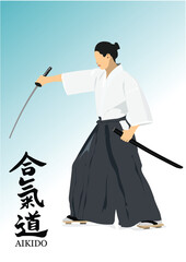 Oriental combat sports. Aikido. Colored 3d vector illustration. Translate Japanese = aikido