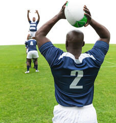 Digital png photo of american football players during game on transparent background