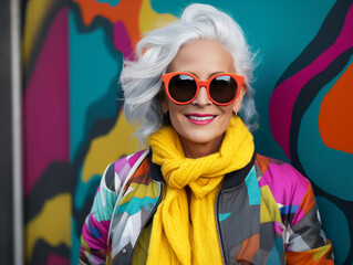 Beautiful and elegant old woman with gray hair. Happy senior lady with bright style scarf. Concept about seniority and lifestyle - obrazy, fototapety, plakaty