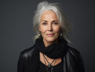 Portrait of Senior elegant mixed race Woman with gray hair, wearing casual clothes studio shoot. Copy space.