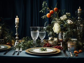 Elegant dinner table, celebration candle, glasses, plates, Christmas tree	