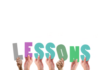 Digital png illustration of hands and lessons text on transparent background