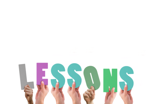 Digital png illustration of hands and lessons text on transparent background