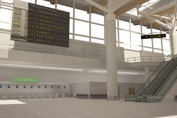 Digital png illustration of airport interior with moving stairs on transparent background