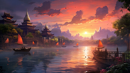painting style illustration Souteast Asian, Thai style ancient vintage town beside river at sunset time
